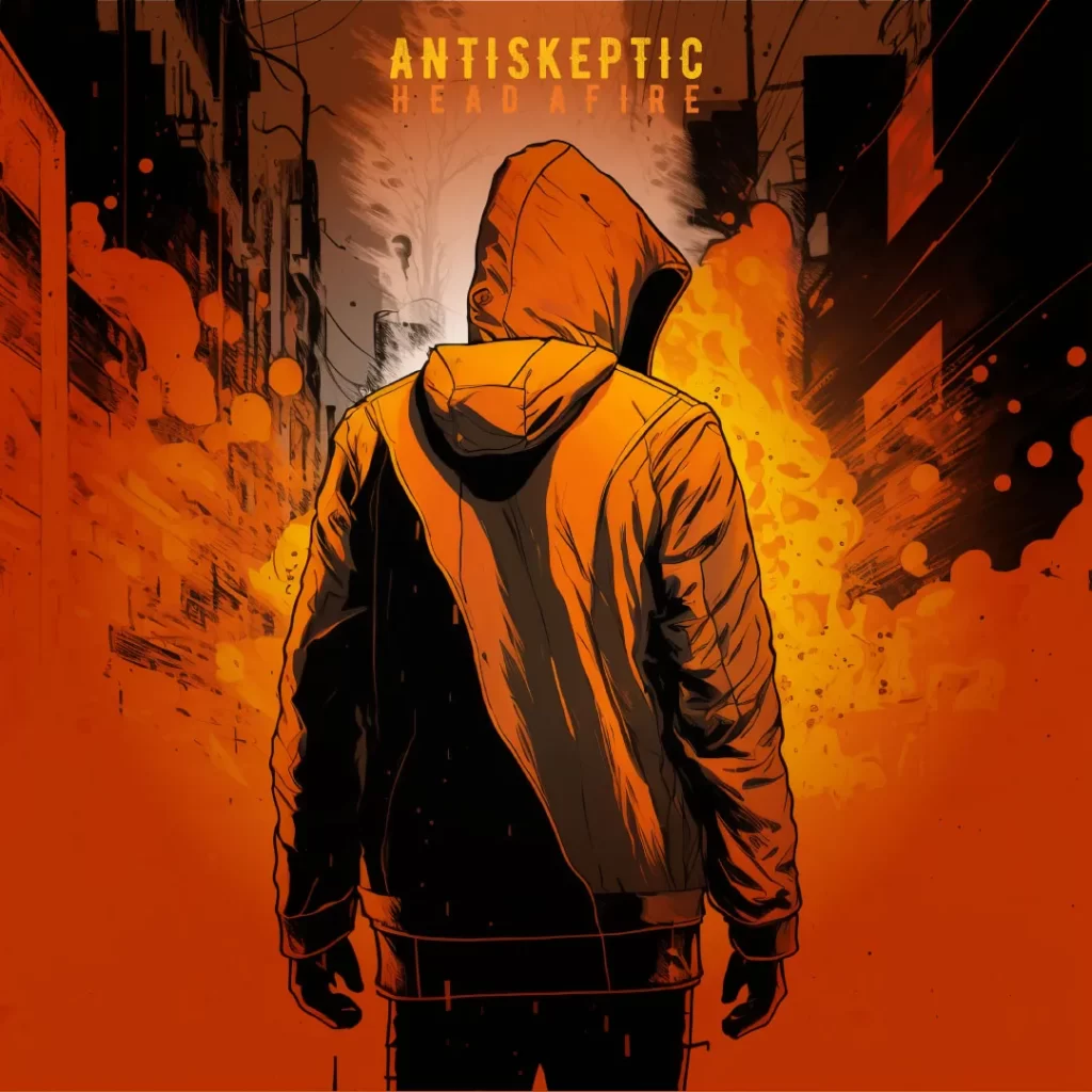 The back of a person hidden by a hooded jacket strongly contrasted against a brightly fire lit background.