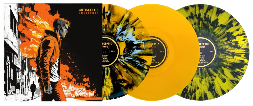 Album artwork for Antiskeptic's new upcoming release Insticts. Rolling out of the cover are three coloured and splatter designed vinyl records.
