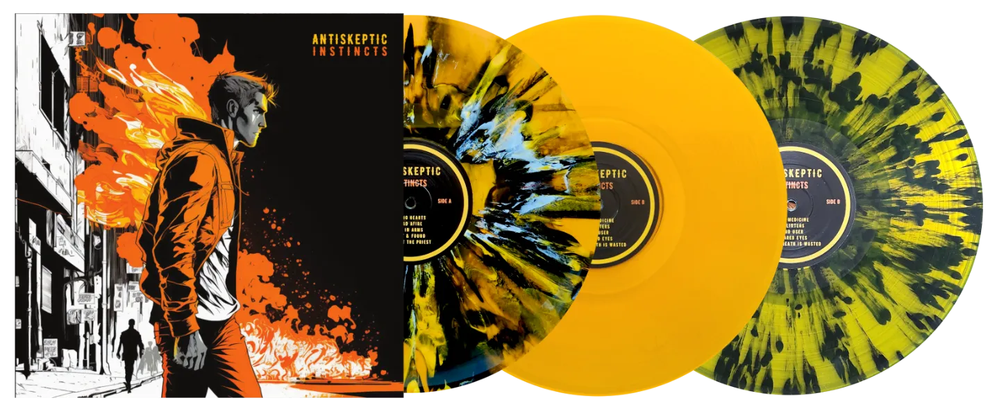 Album artwork for Antiskeptic's new upcoming release Insticts. Rolling out of the cover are three coloured and splatter designed vinyl records.