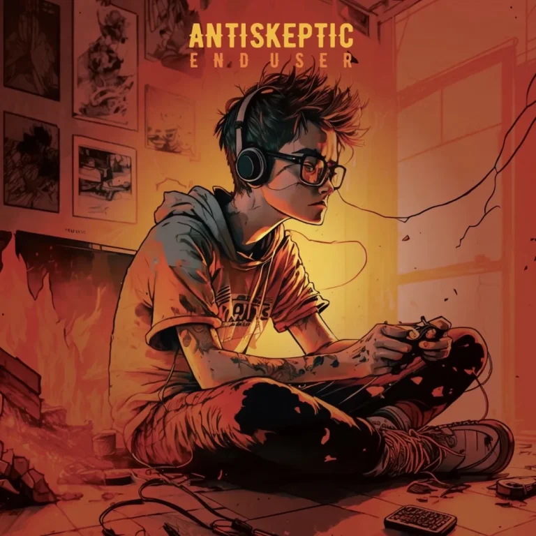 A yound person sitting on their bed with headphones on and holding a gaming controller looking off screen.